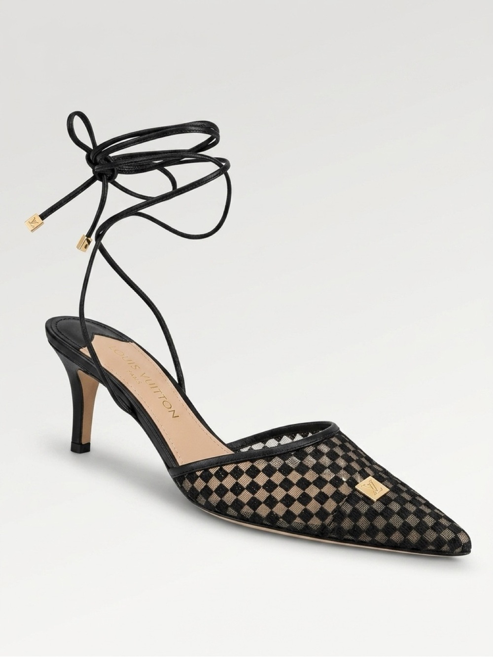 Louis Vuitton Mesh Damier Kitten Heel Lace Up Pumps Black Sheer 6.5 - Picture 2 of 14